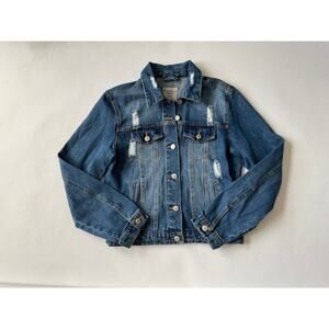 Love Tree Denim Jacket Women’s Medium Blue‎ Button-Up Distressed Jean Jacket
